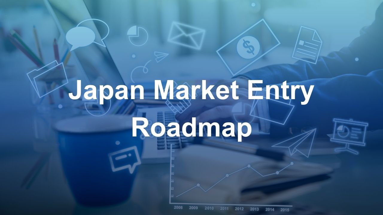 typing on a computer with marketing icons for japanese market entry roadmap
