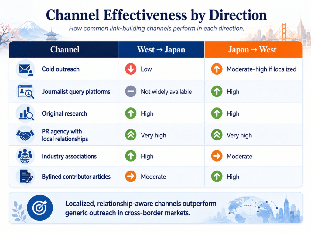 Comparison graphic showing relationship-first link building in Japan and pitch-first digital PR in Western markets.