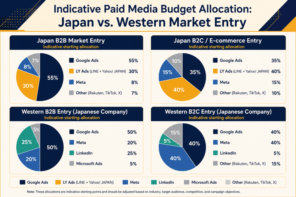 Indicative paid media budget allocation: Japan vs. Western market entry