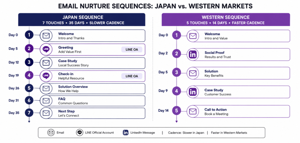 Email sequence flow diagram A visual showing two parallel email nurture sequences side-by-side — Japan (7 touches, 35 days, slower cadence, purple/navy color scheme with LINE OA icon at touches 2 and 4) and Western (5 touches, 14 days, faster cadence, using the article's purple accent)
