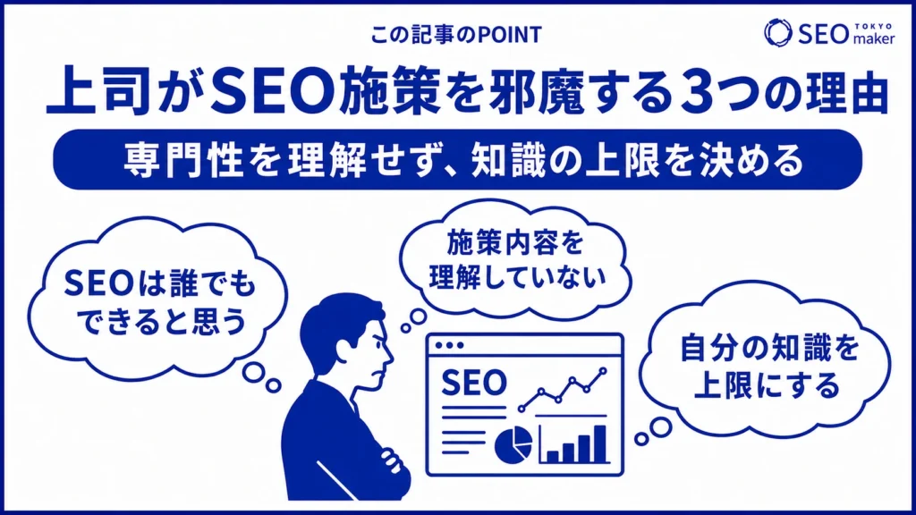 SEOの知識を持たない上司は、施策の疎外になるケースがある点を指摘するイメージ図