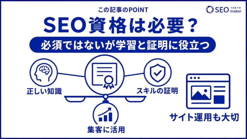 SEOに資格は必須ではないが、学習や知識の証明時に役立つ旨を伝える図