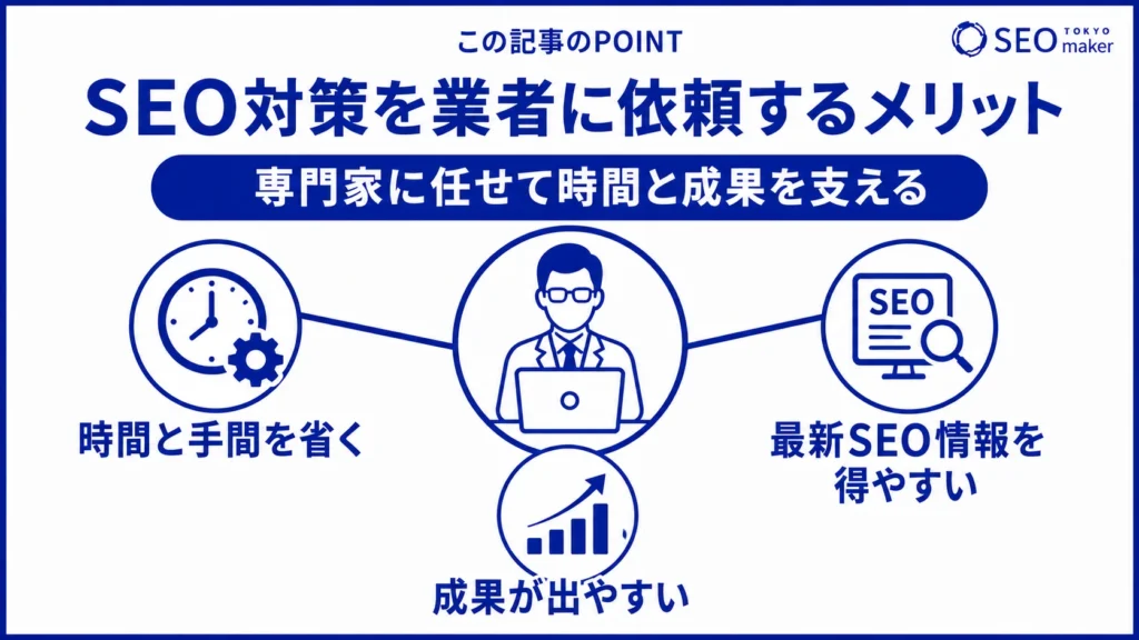 SEO対策を業者に依頼するメリットをまとめた図