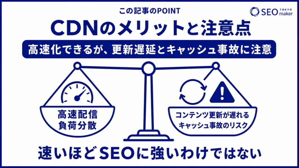 CDNのメリットと注意点を比較した図