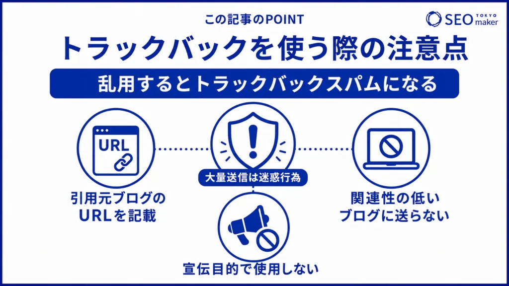 トラックバックを乱用すると、スパム扱いになるケースがある旨を注意喚起する図