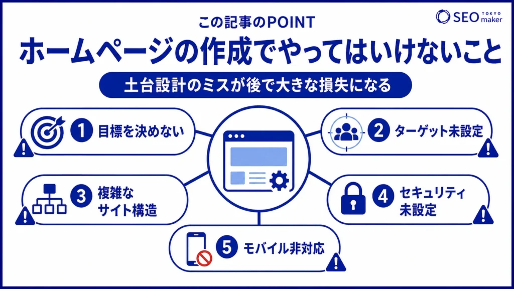 ホームページの作成でやってはいけないことをまとめた図