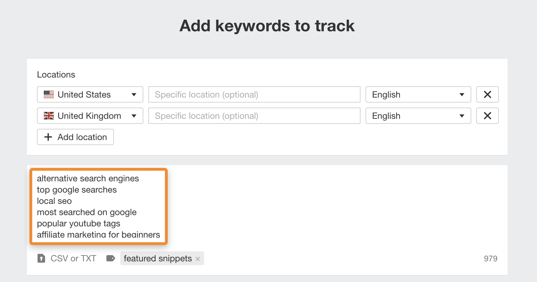 Rank Tracker -> プロジェクトを選択 -> キーワードを追加