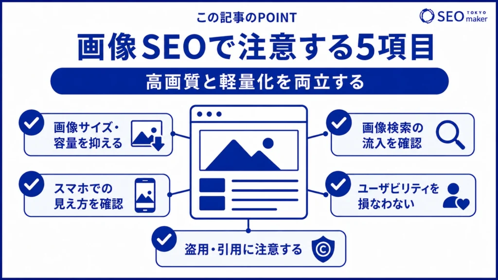画像SEOで注意すべき点をまとめた図