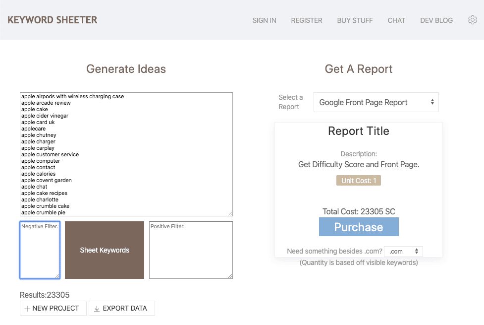 "Sheet keywords "をクリック