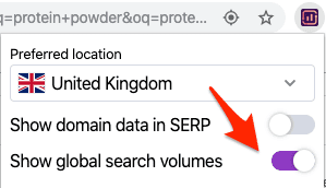 グローバル検索ボリュームのオン／オフを切り替えるオプション