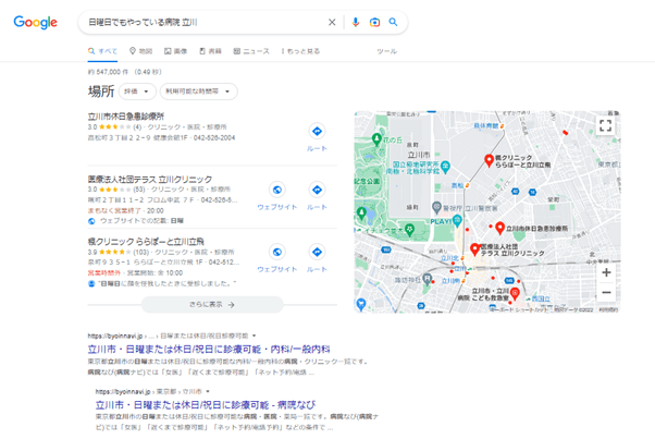 「日曜日でもやっている病院　立川」と検索した場合