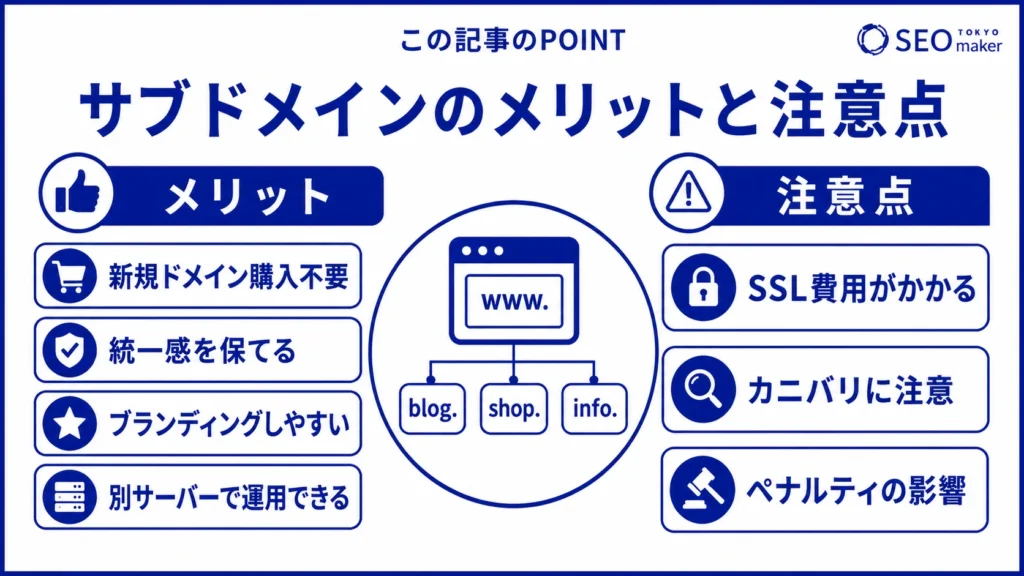 サブドメインのメリットと注意点をまとめた図