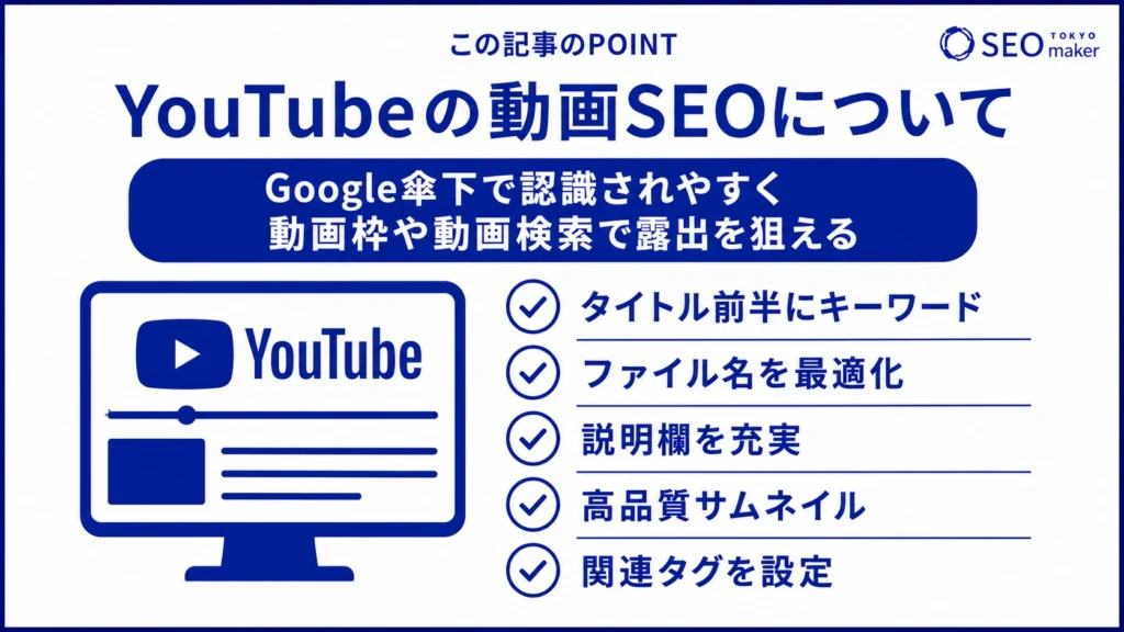 Youtubeの動画SEOのポイントをまとめた図