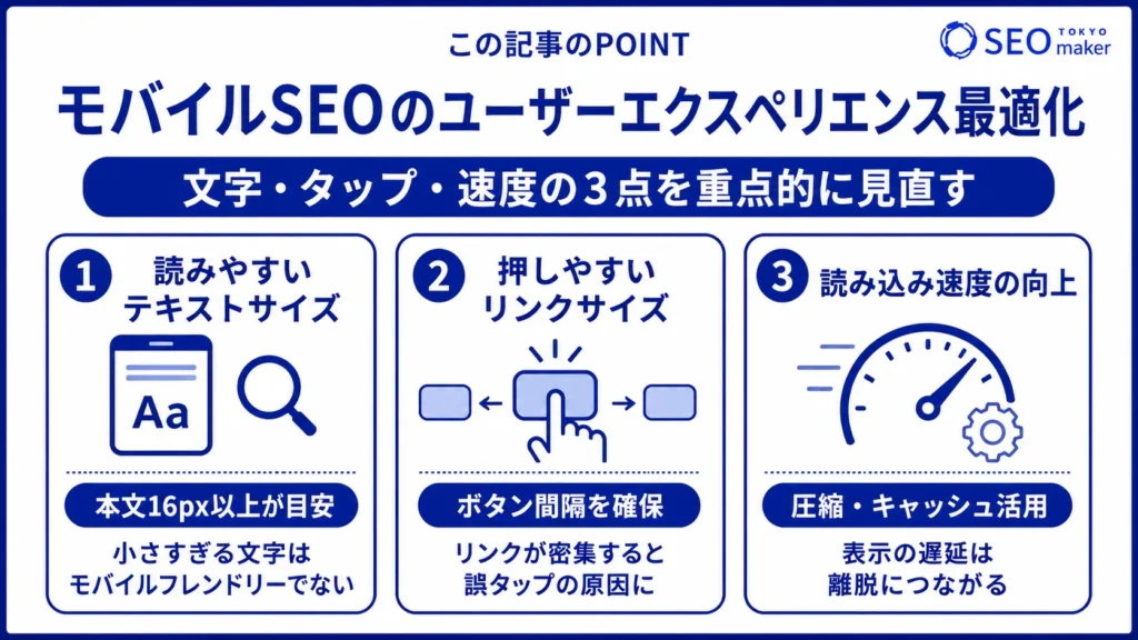モバイルSEOでユーザーエクスペリエンスを最適化する方法は、文字、タップ、ページ表示速度の3点を改善することが大切である旨を伝える図