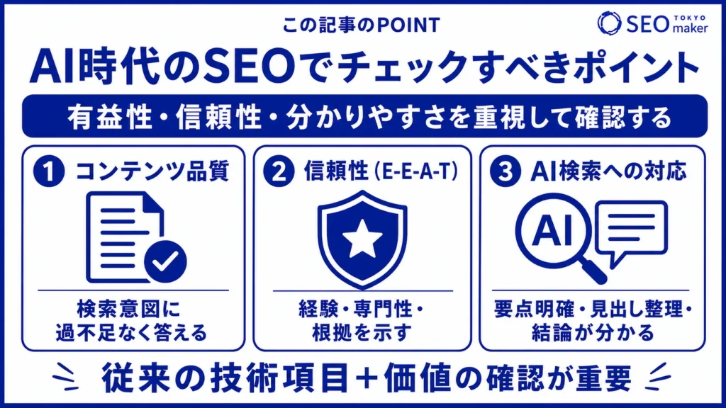 AI時代のSEOでは、有益性、信頼性、わかりやすさの重要性が高まっている旨を示す図