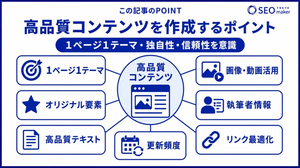 高品質コンテンツを作成するポイントは、テーマを絞ること、独自性を担保すること、信頼性を意識することが大切であることを示す図