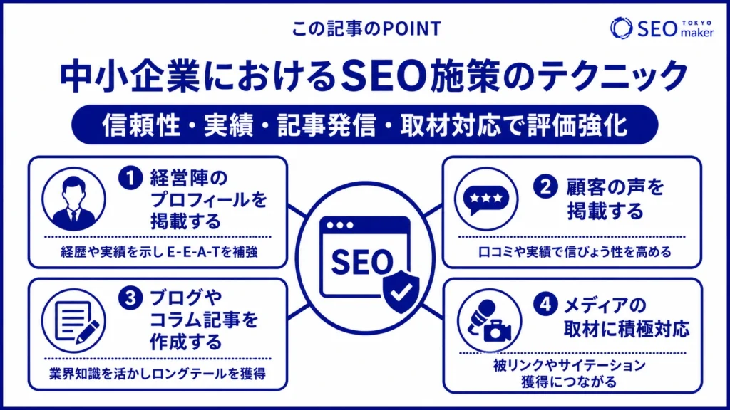 中小企業がSEO対策する際のテクニックをまとめた図