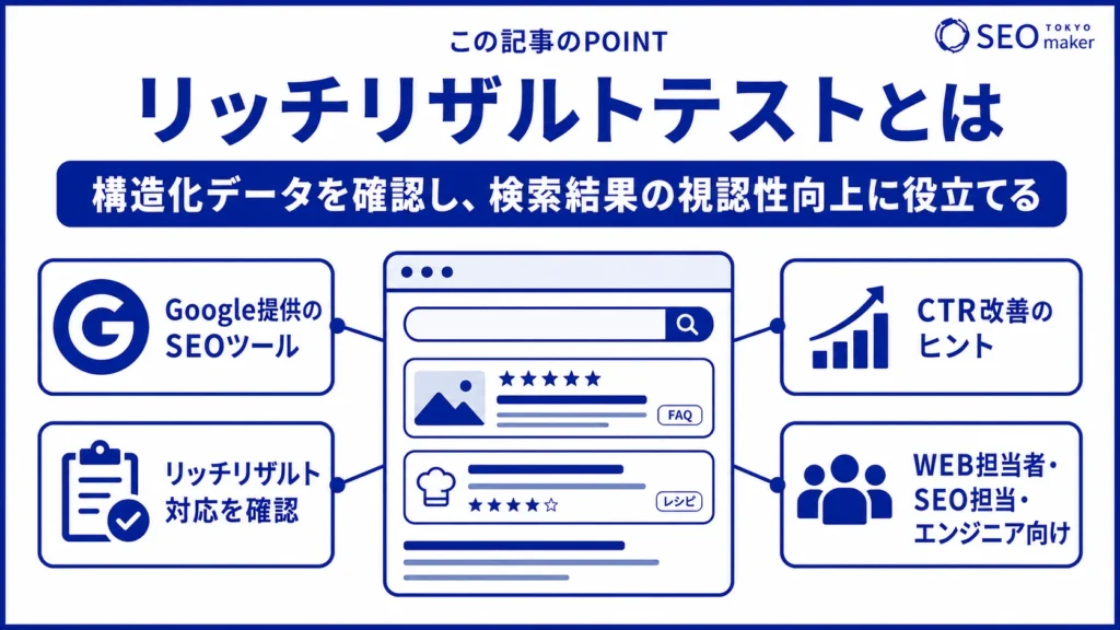 リッチリザルトテストとは、リッチリザルト対応になっているかをチェックするGoogleのツールである旨を伝える図
