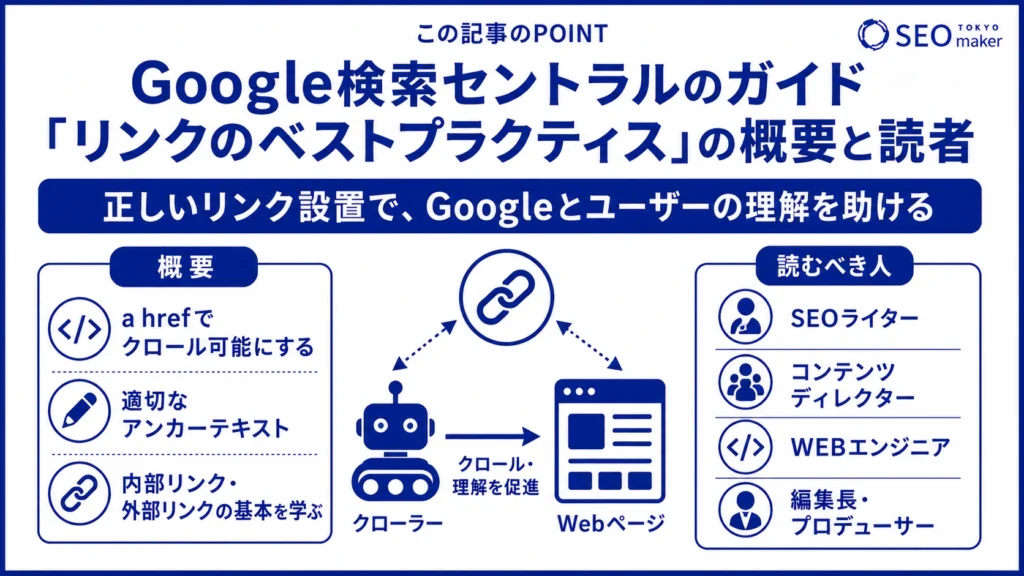 Google検索セントラルのガイド「リンクのベストプラクティス」の概要と読者の図