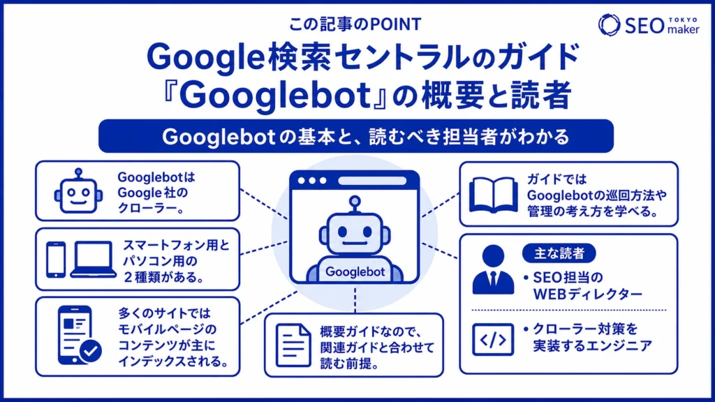Google検索セントラルのガイド「Googlebot」の概要と読者のイメージ図