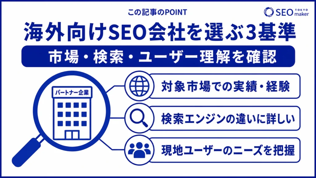 海外向けSEO会社を選ぶ基準をまとめた図