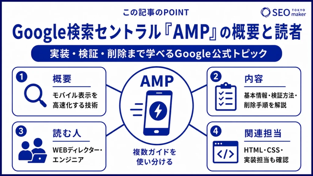 Google検索セントラルの「AMP」の概要や読者層をまとめた図