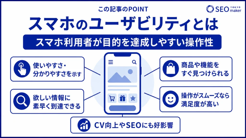スマホのユーザビリティとは、ユーザーの目的の達成しやすさを指すことを伝える図