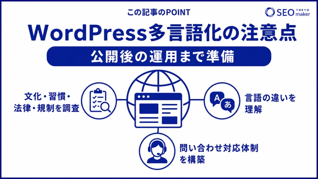 WordPressで多言語化する際の注意点をまとめた図