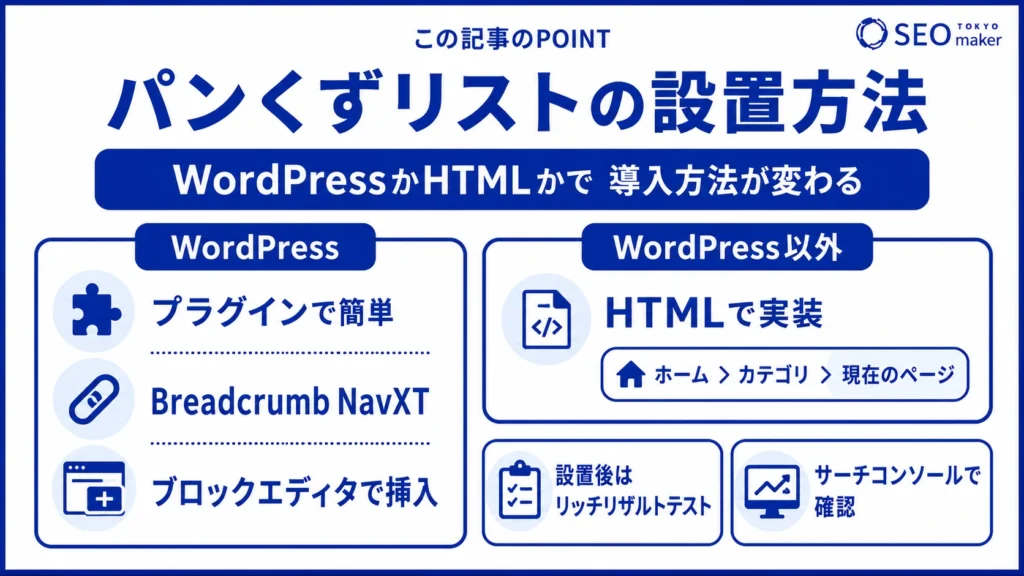 CMSごとのパンくずリストの設置手順をまとめた図