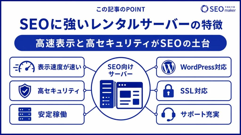 SEOに強いレンタルサーバーの特徴をまとめた図