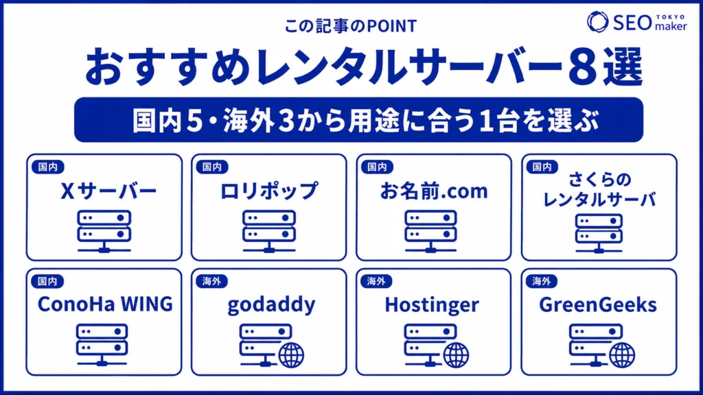 おすすめのレンタルサーバーを8つピックアップして紹介している図