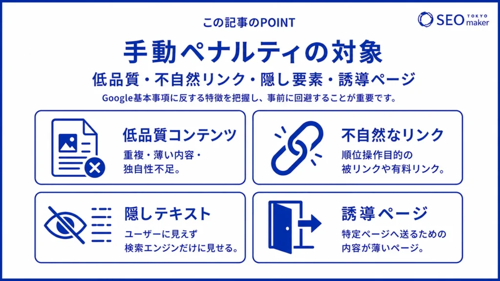 手動ペナルティの対象は、低品質コンテンツなどさまざまな種類がある旨を伝えるイメージ図