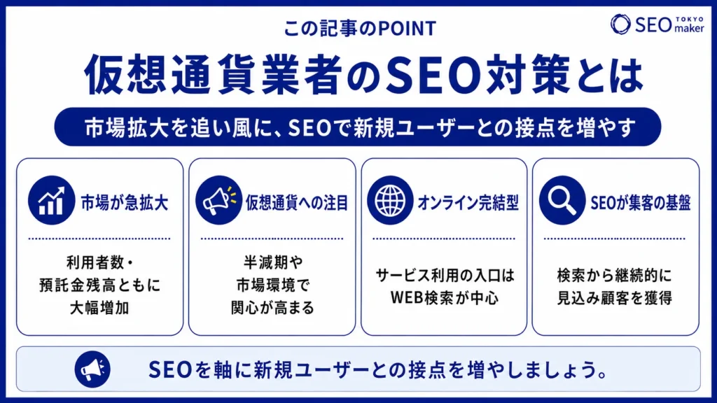 仮想通貨(暗号資産)業者のSEO対策とは?WEB集客の手法を解説①