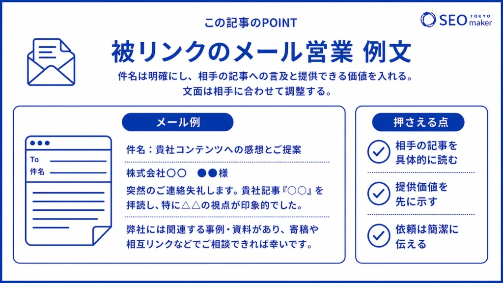 被リンクのための営業メールの事例を提示するイメージ図