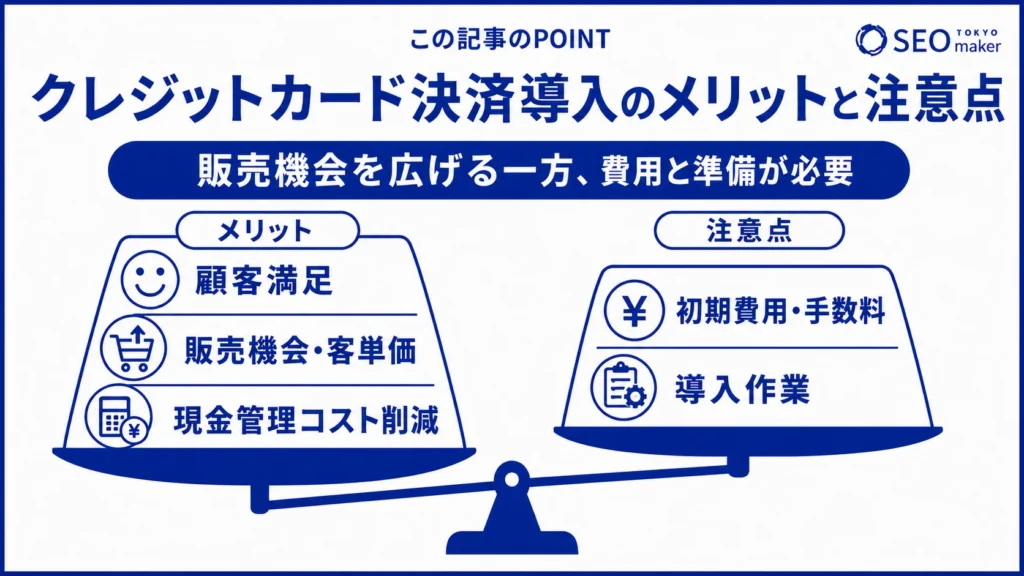 クレジットカード決済を導入するメリットと注意点をまとめた図