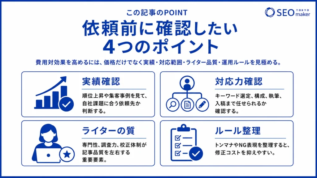 業者に依頼するまえにチェックすべきポイントのイメージ図